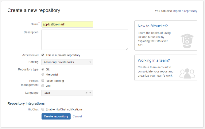 Création d'un repository sur Bitbucket